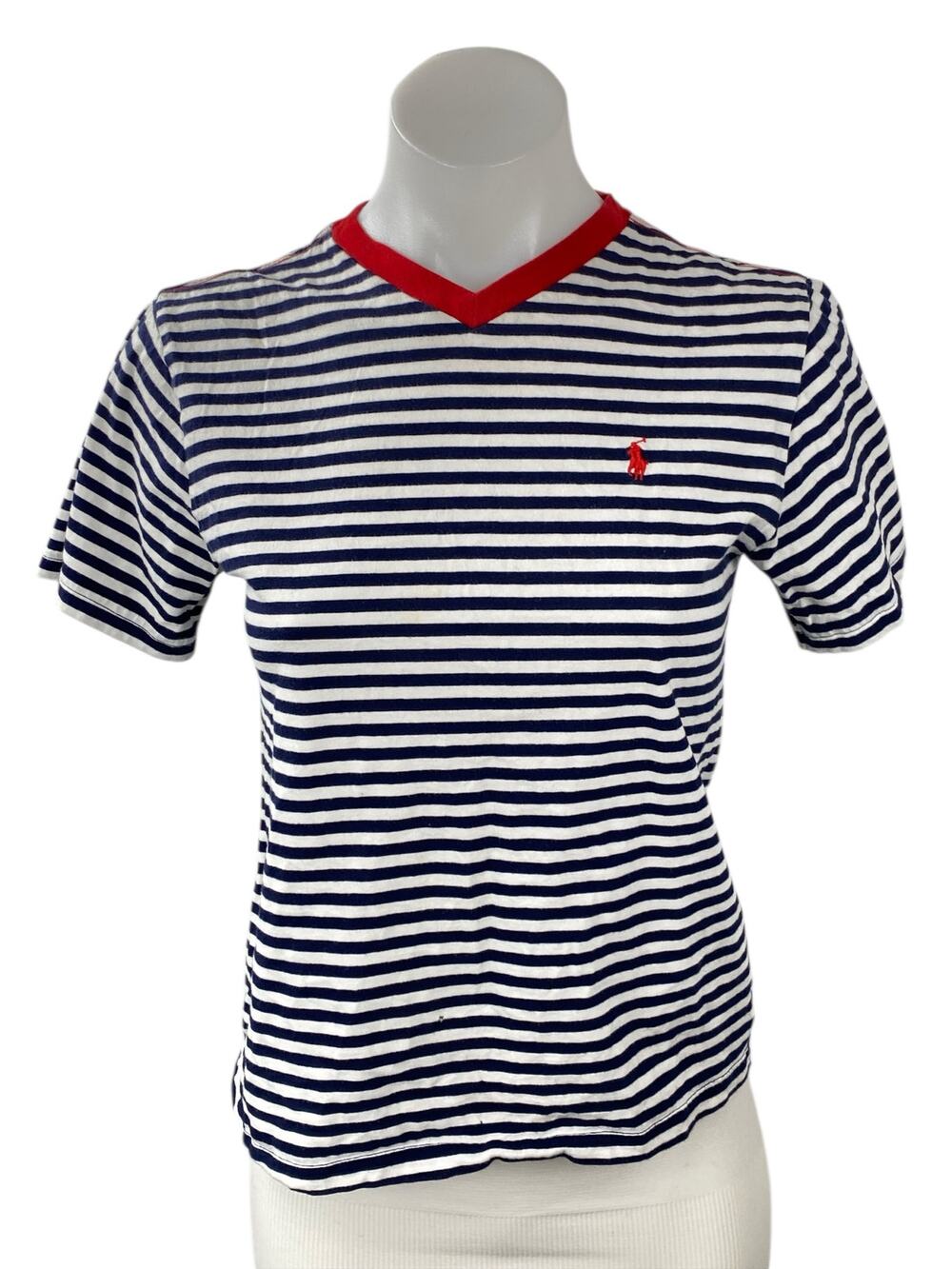 Polo Ralph Lauren White Navy Striped V Neck Short Sleeve Basic Tee T-Shirt Top S